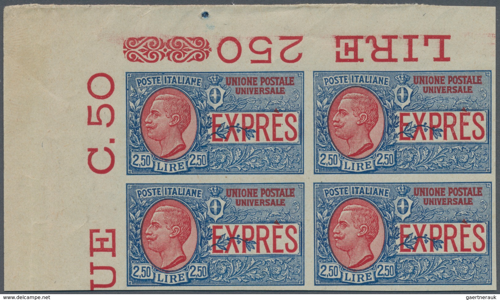 Italien: 1826, 2.50 L Blue/red Block Of Four, Upper Left Corner Edge, Imperforated, Mint Never Hinge - Mint/hinged