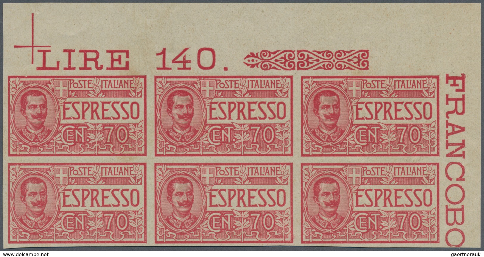 Italien: 1925, 70 C Carmine In Block Of Six, Upper Right Corner Edge, Imperforated, Mint Never Hinge - Mint/hinged