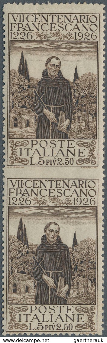 Italien: 1926, 700th Death Anniversary Of St.Francis, 5l. +2.50l. Vertical Pair Showing Variety "imp - Mint/hinged