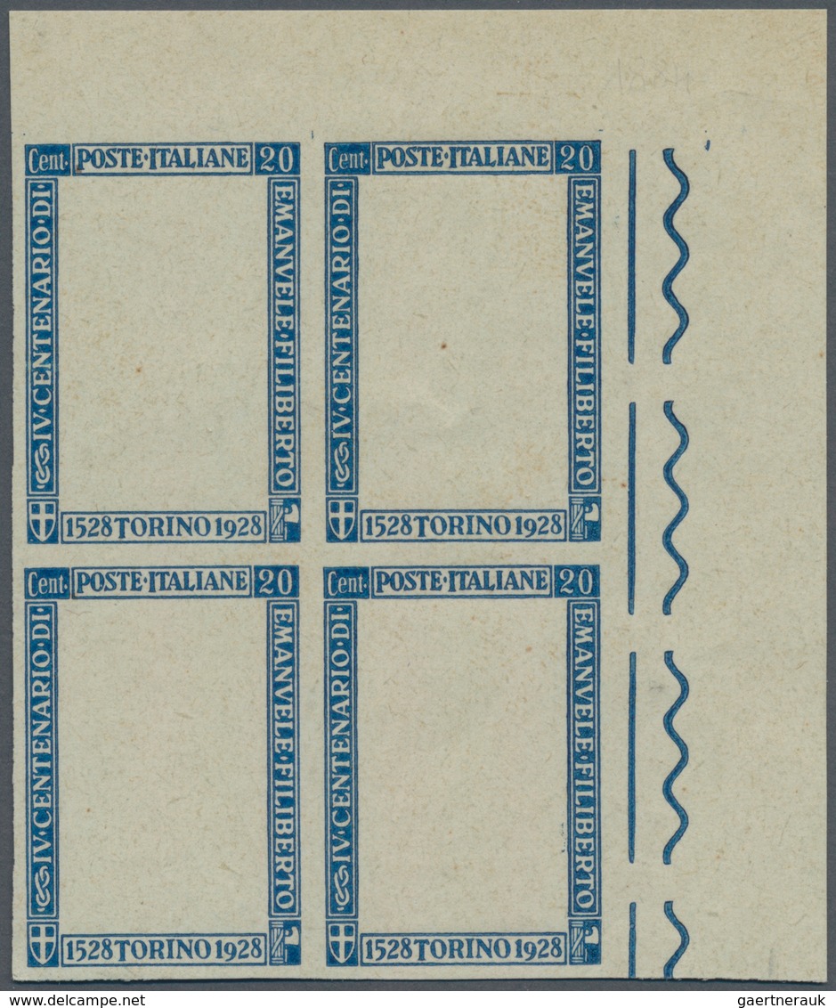 Italien: 1928, 20 C Blue Trial Print In Block Of Four From The Top Right Corner Sheet Margin, Imperf - Mint/hinged