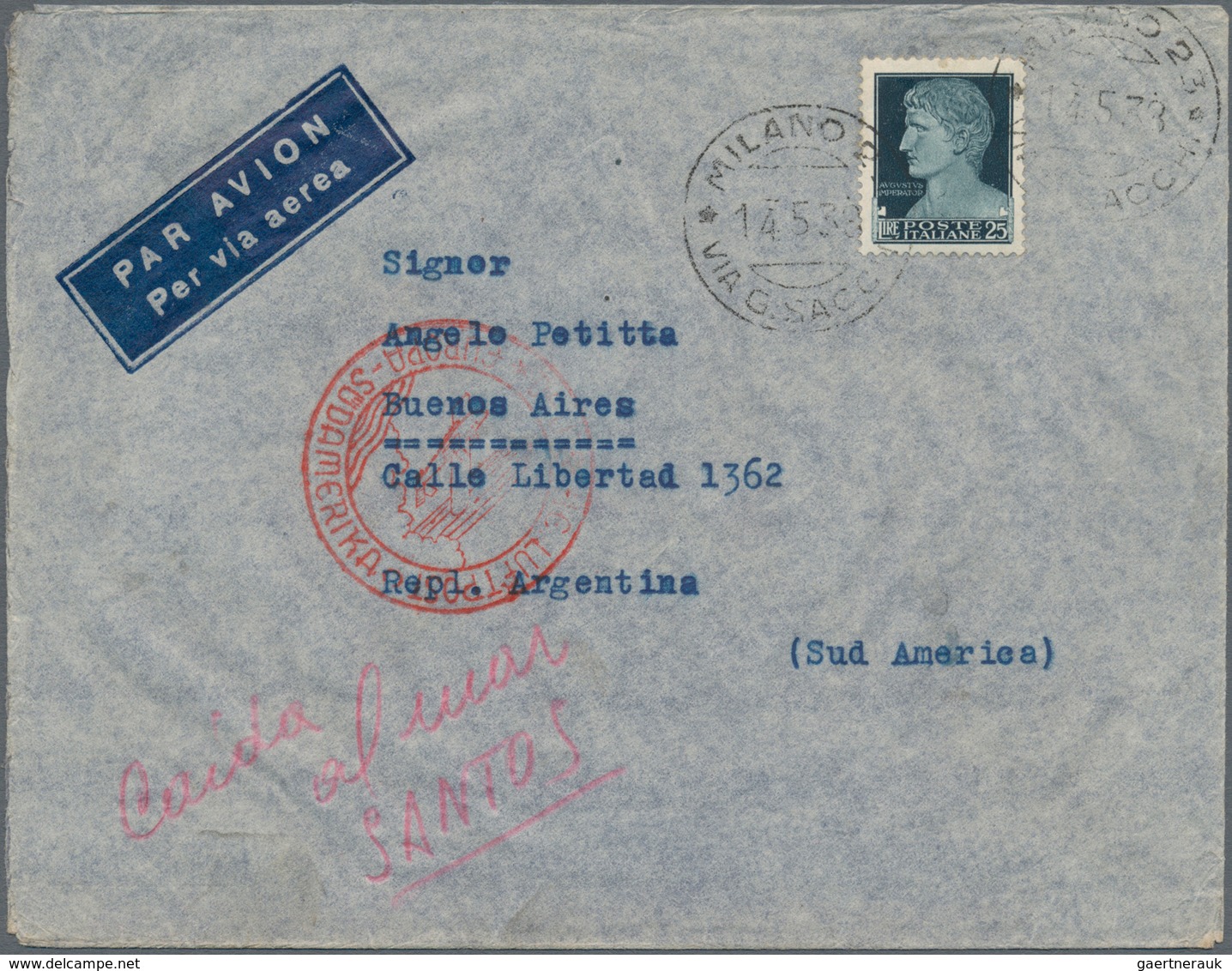 Italien: 1938, 25 Lire Blue-black, Single Franking On Airmail Cover From MILANO 23, 14.5.38, Routed - Ongebruikt