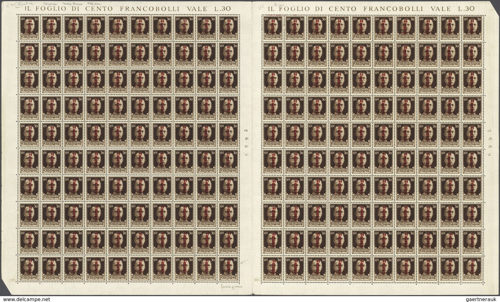 Italien: 1944, 50 C Brown Original Double Sheet Of 100 Stamps (folded) With Red Overprint, Mint Neve - Mint/hinged