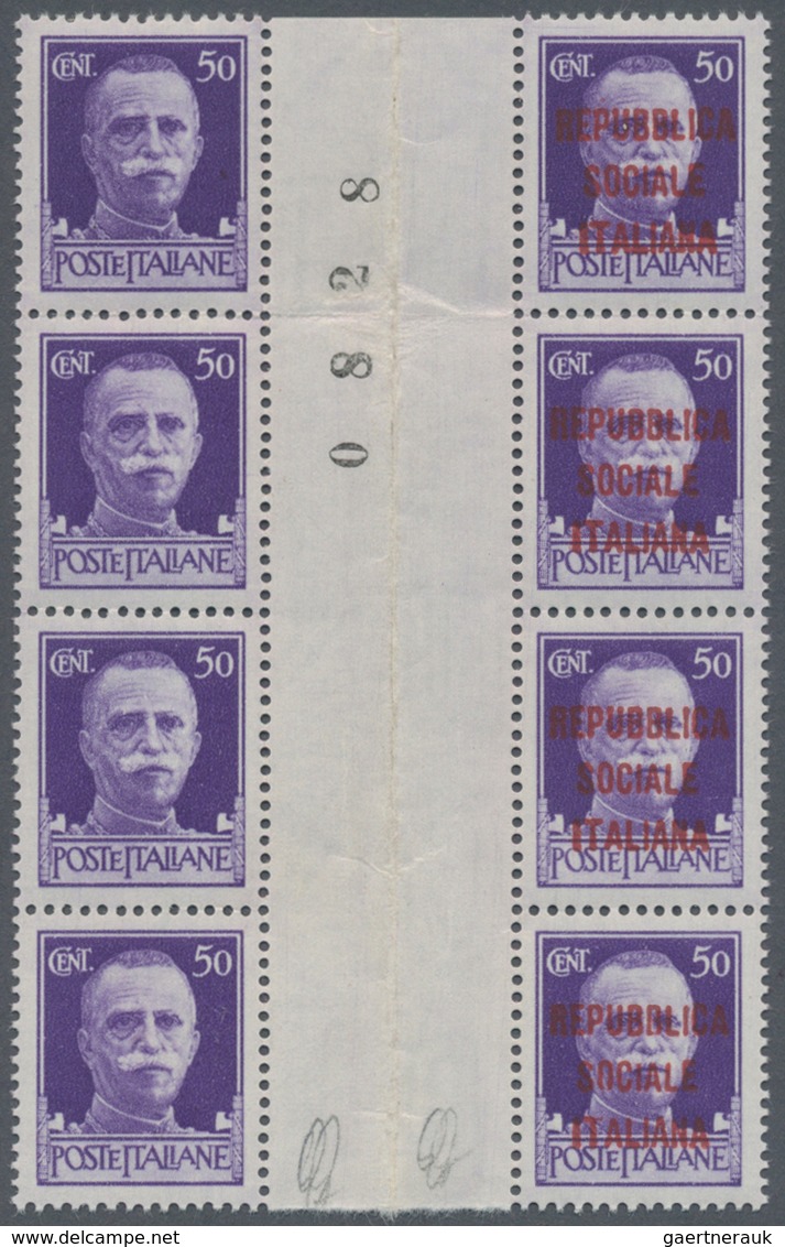 Italien: 1944, Repubblica Sociale, 50c. Violet As (folded) Gutter Block Of Eight, All Four Left Stam - Neufs