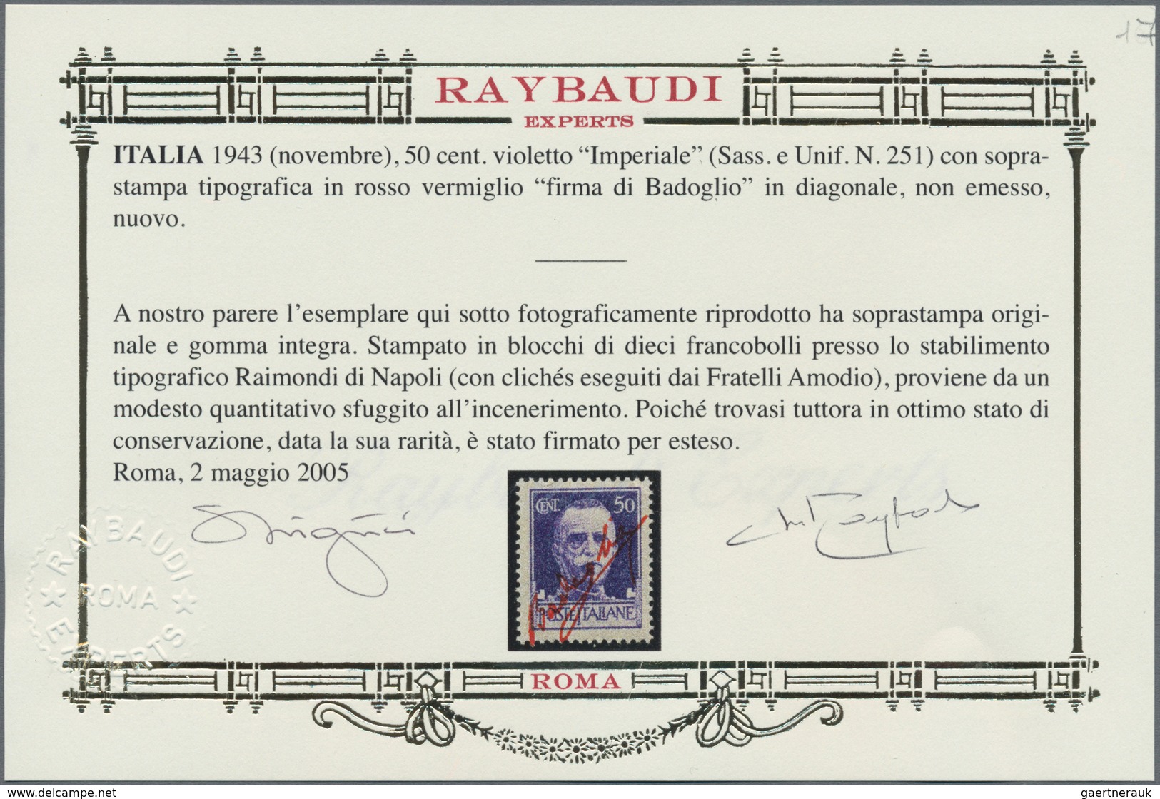 Italien: 1943, 50 Cent. Violet King Viktor Emanuel III. With Vermilion Red Overprint "firma Di Badog - Mint/hinged