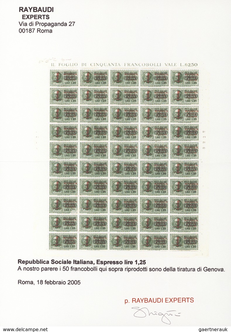 Italien: 1945, 1.25 L Light Green With Overprint In Original Sheet Of 50 Stamps, Mint Never Hinged, - Mint/hinged