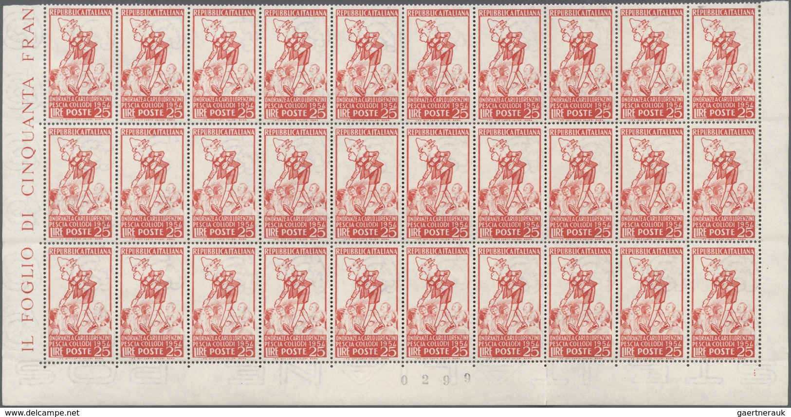 Italien: 1954, 25l. Red "Carlo Collodi/Pinocchio" Showing Variety "White Background", Marginal Block - Mint/hinged