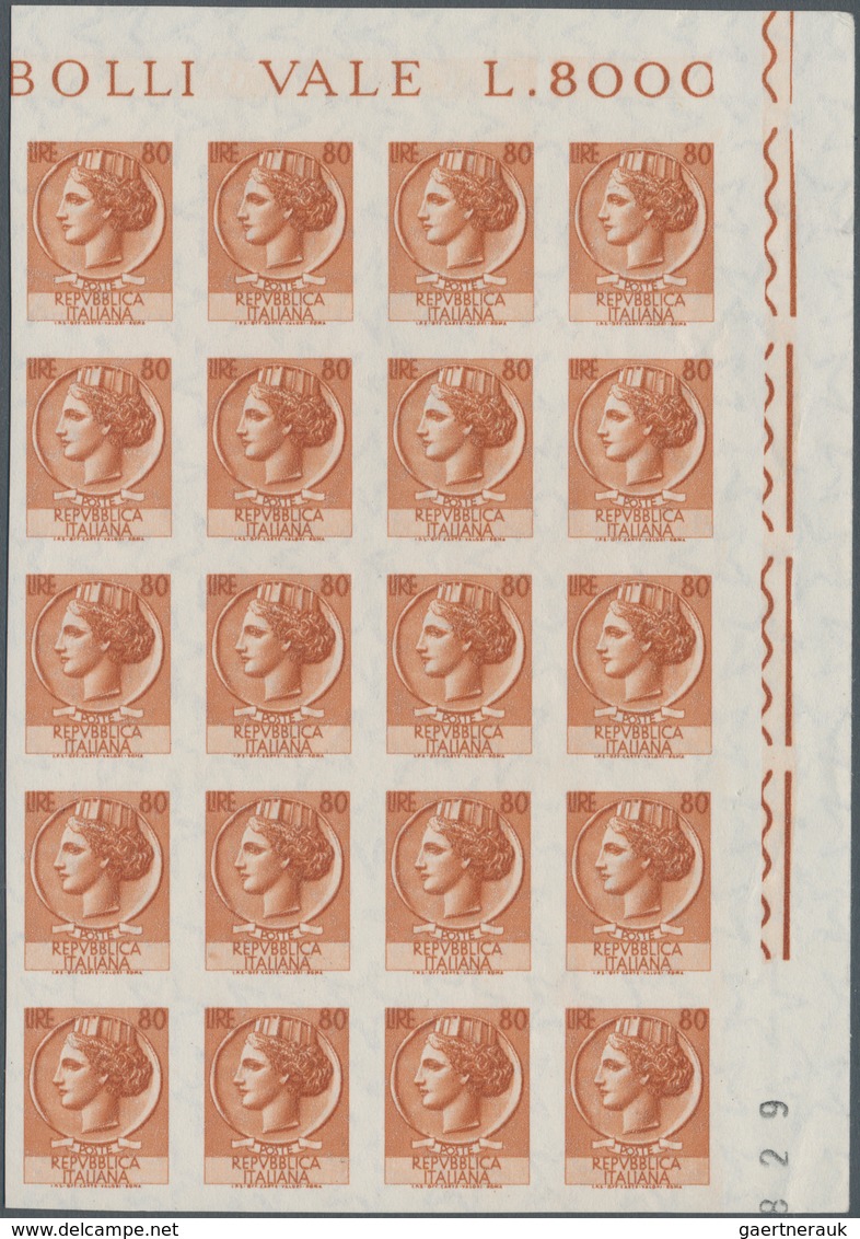 Italien: 1955/1960. 80 Lire Orange Brown, Not Perforated Block Of 20 From The Upper Right Corner Of - Neufs