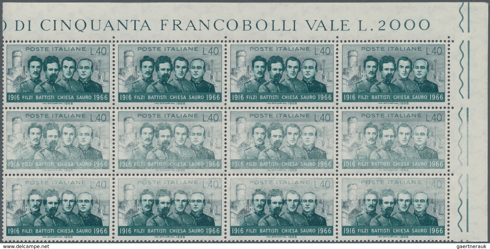 Italien: 1966, Filzi, Battisti, Chiesa And Sauro 40l. Block Of Twelve From Upper Right Corner With P - Mint/hinged
