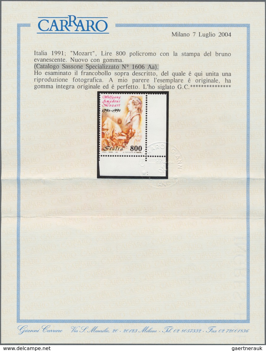Italien: 1991, 800 L Mozart Multiple Colour With Evanescent Brown Colour, Mint Never Hinged, Cert. C - Mint/hinged