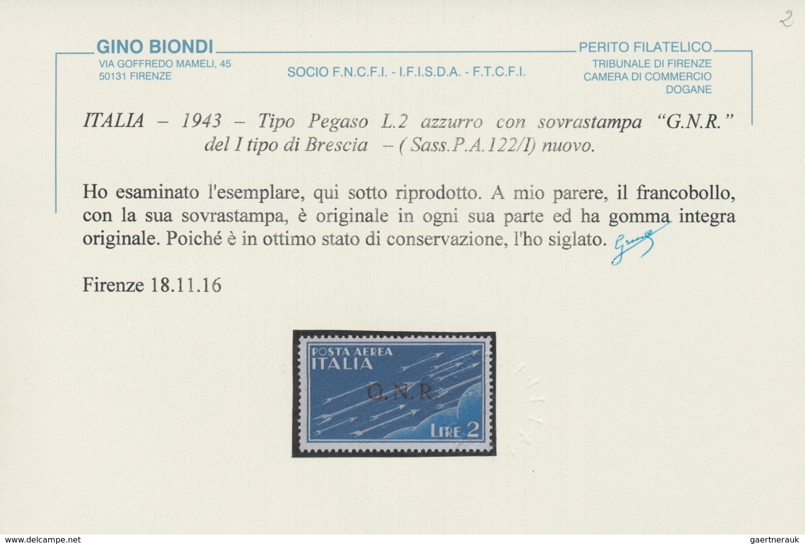 Italien - Militärpostmarken: Nationalgarde: 1943. Airmail 2 L. Blue Overprinted With "G.N.R." In Bre - Other & Unclassified