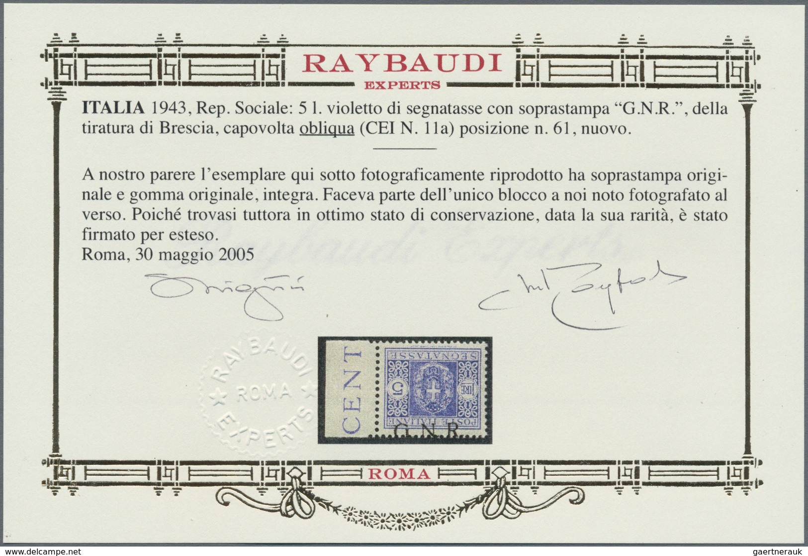 Italien - Militärpostmarken: Nationalgarde: 1943, 5 L Violet With Inverted Overprint "G.N.R." Was A - Other & Unclassified