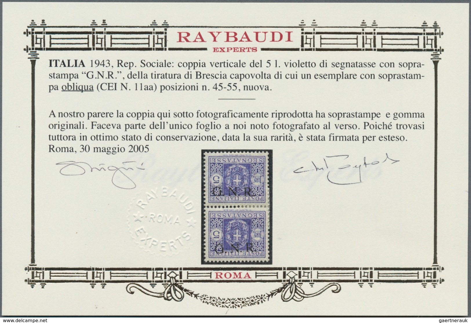 Italien - Militärpostmarken: Nationalgarde: 1943, G.N.R. On Postage Dues 5l. Violet, Brescia Issue, - Andere & Zonder Classificatie