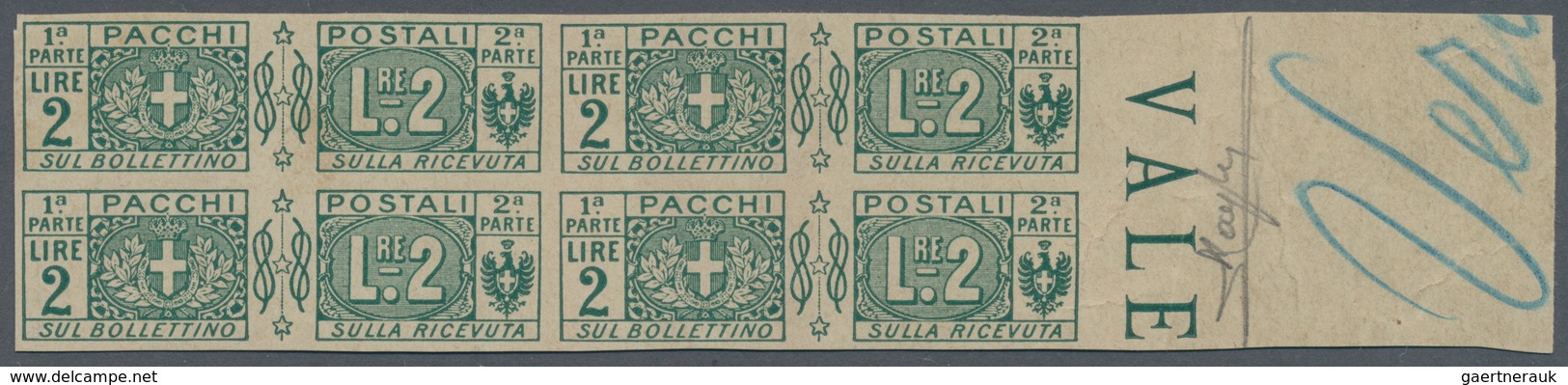 Italien - Paketmarken: 1914, 2 L Green Block Of Eight Imperforated, Mint Never Hinged - Postal Parcels
