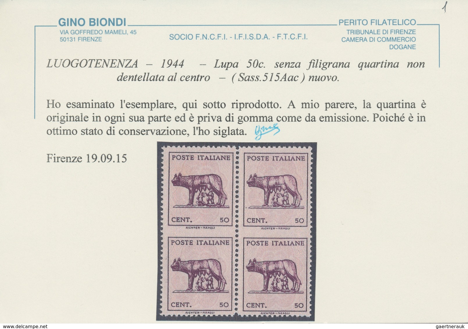 Italien - Paketmarken: 1944. 50 C "Wolfmother", Without Watermark, Block Of Four, MISSING HORIZONTAL - Paketmarken