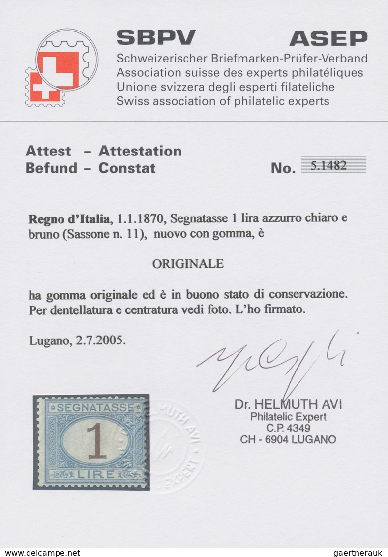 Italien - Portomarken: 1870: Postage Due, 1 Lira Light Blue And Brown, Mint With Original Gum; Certi - Postage Due