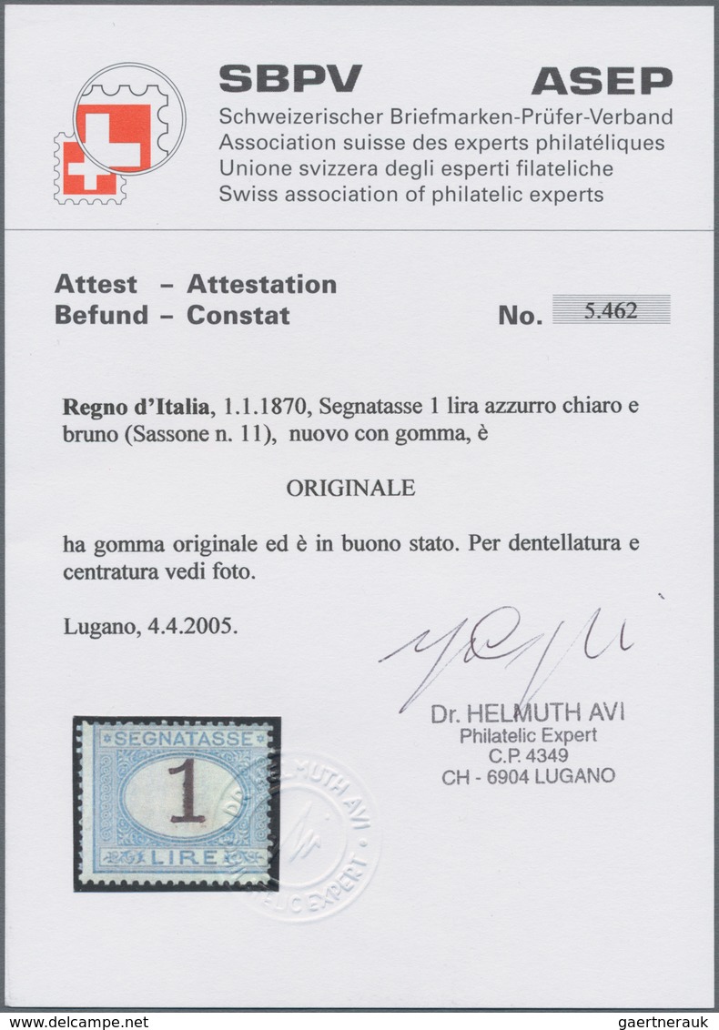 Italien - Portomarken: 1870, 1 L Blue/brown Unused With Orignal Gum, Cert. Dr. Avi (Sass. 6.500.-) ÷ - Postage Due
