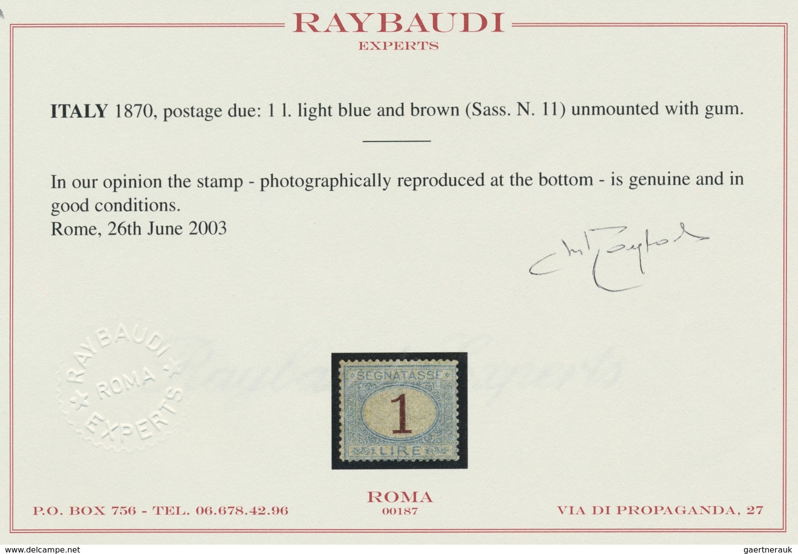 Italien - Portomarken: 1870, "1 L. Blue/brown", In Fresh Color With Above-average Perforation And Or - Postage Due