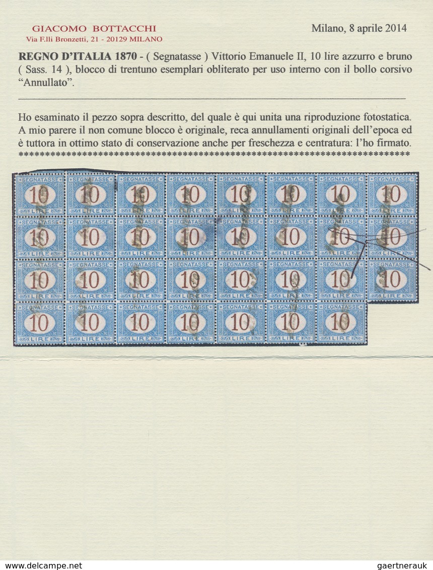 Italien - Portomarken: 1870, "10 L. Blue And Brown" (Sassone No. 14) In A Spectacular Block Of 31 Us - Strafport