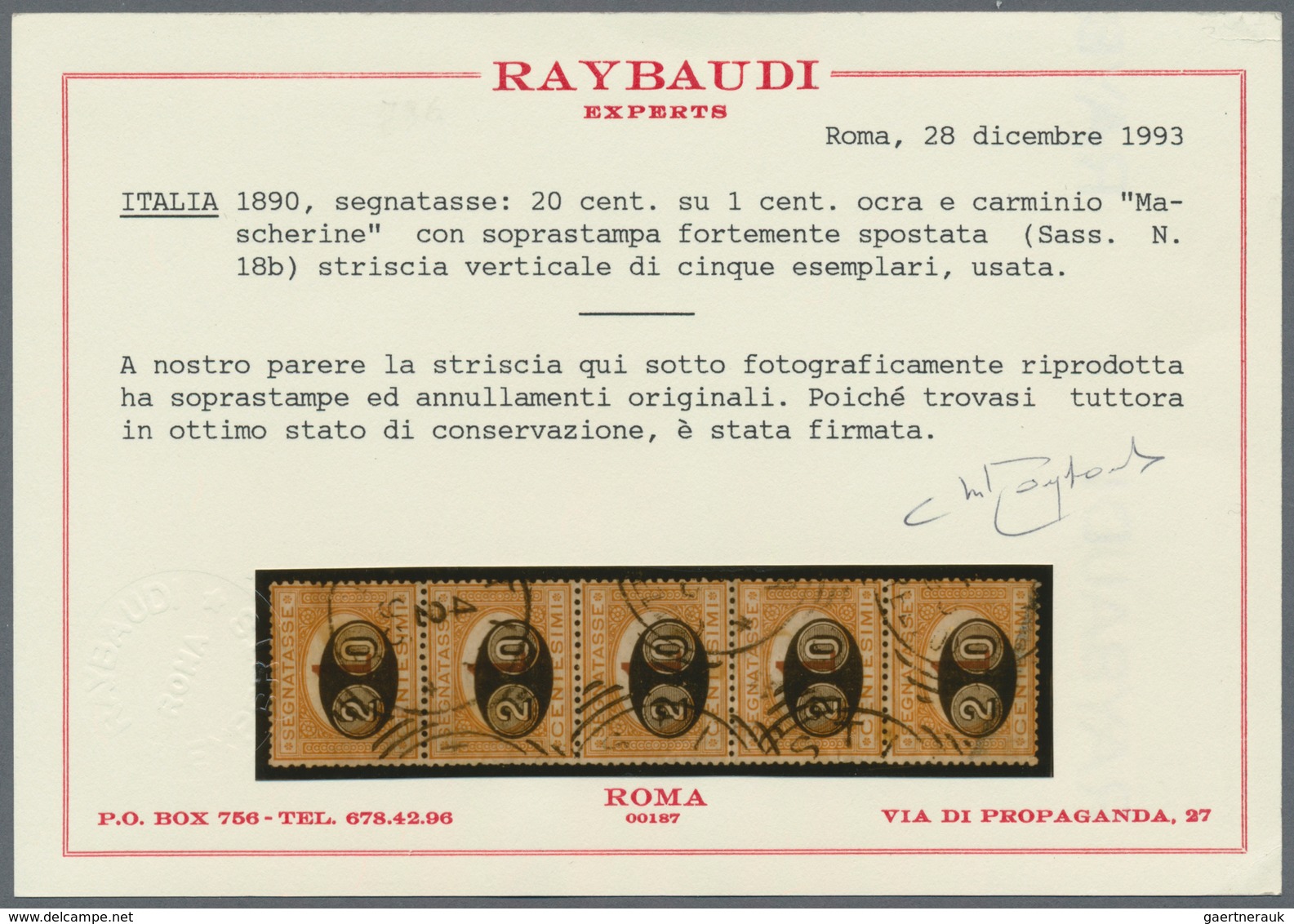 Italien - Portomarken: 1890, 20 Cent. On 1 Cent Orange/carmine Stripe Of Five Stamped, All Items In - Strafport