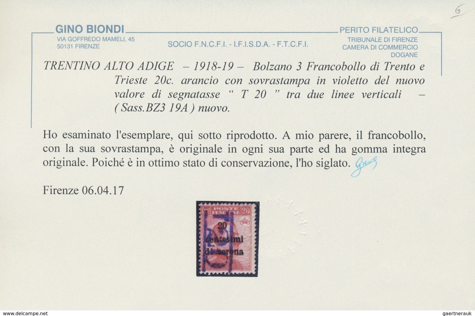 Italienische Besetzung 1918/23 - Trentino: 1918/1919:20 C Orange Of Italian Definitives, Overprinted - Trento