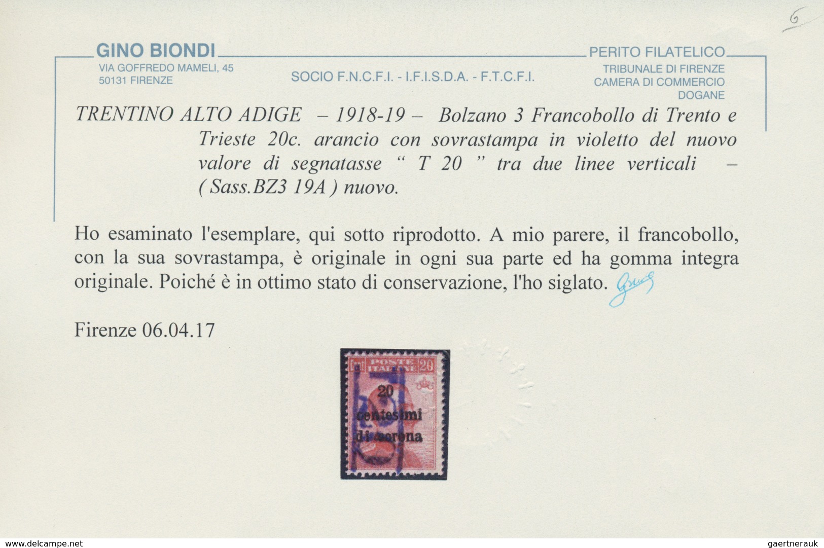 Italienische Besetzung 1918/23 - Trentino: 1918/1919:20 C Orange Of Italian Definitives, Overprinted - Trente