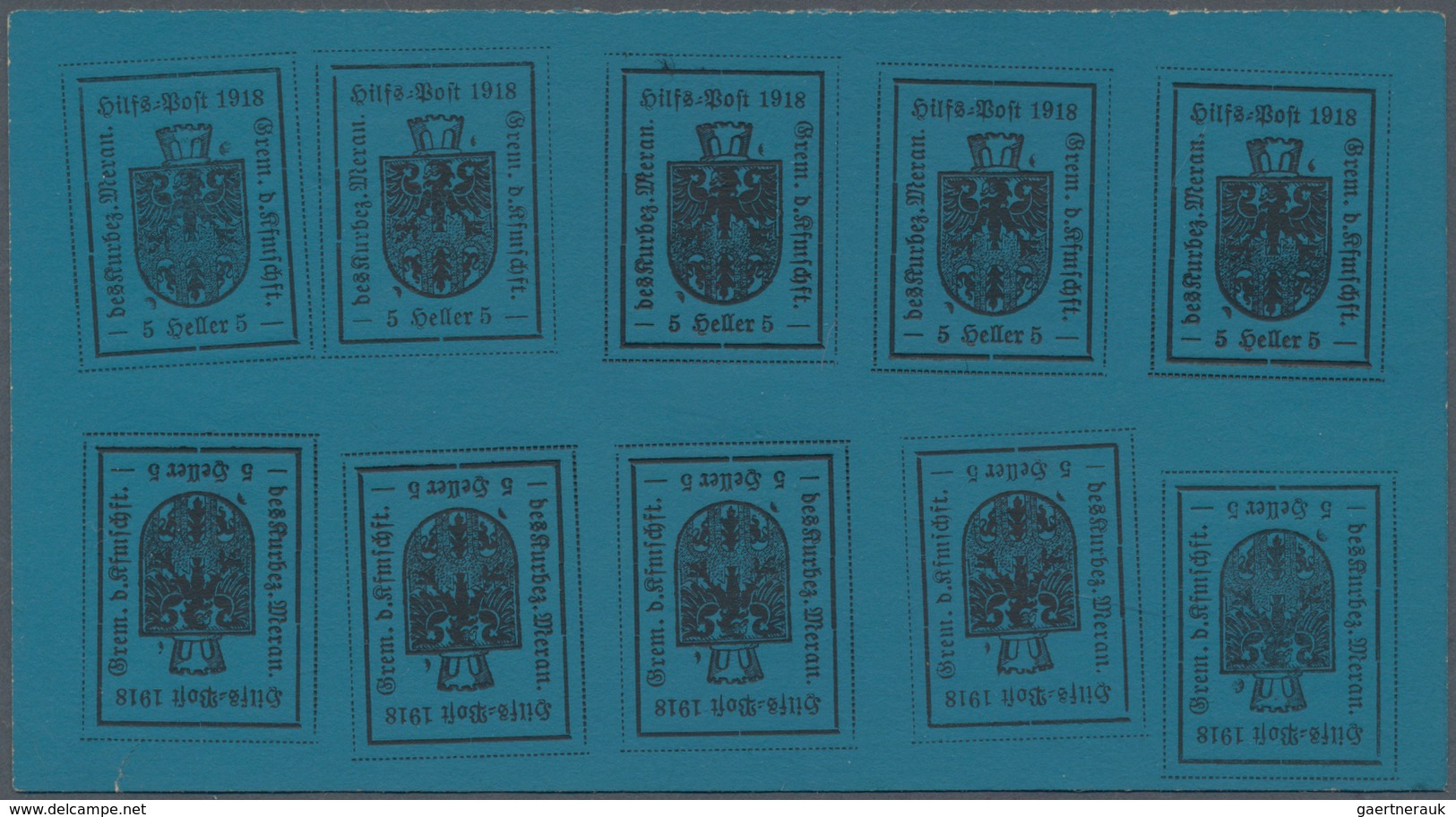 Italien - Lokalausgaben 1918 - Meran: 1918, 2 H Schwarz Auf Gelbgrün, 5 H Schwarz Auf Blau Und 10 H - Merano