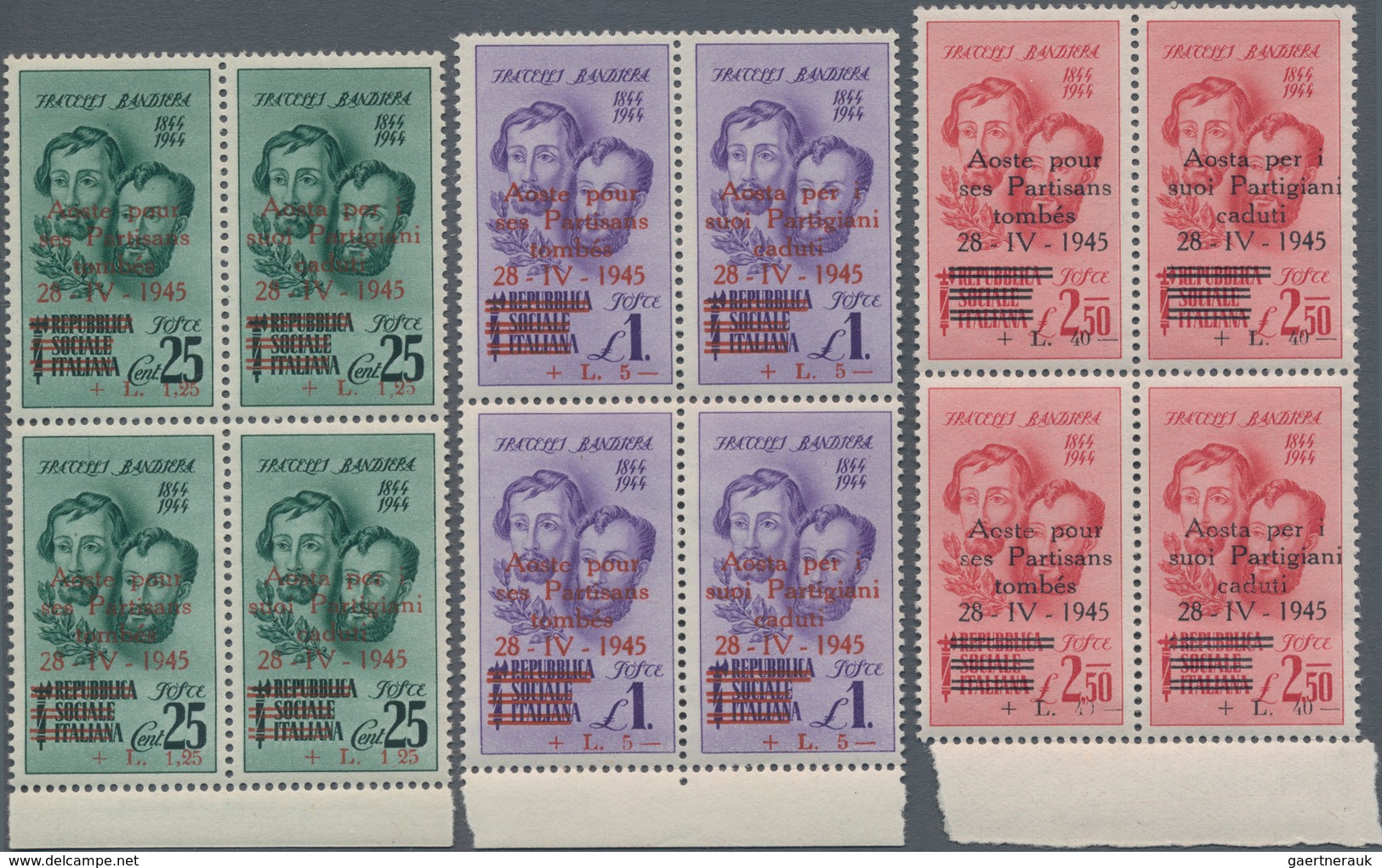 Italien - Lokalausgaben 1944/45 - Aosta: 1945, 25 C Green, 1 L Violet And 2.50 L Red With Overprint - Local And Autonomous Issues