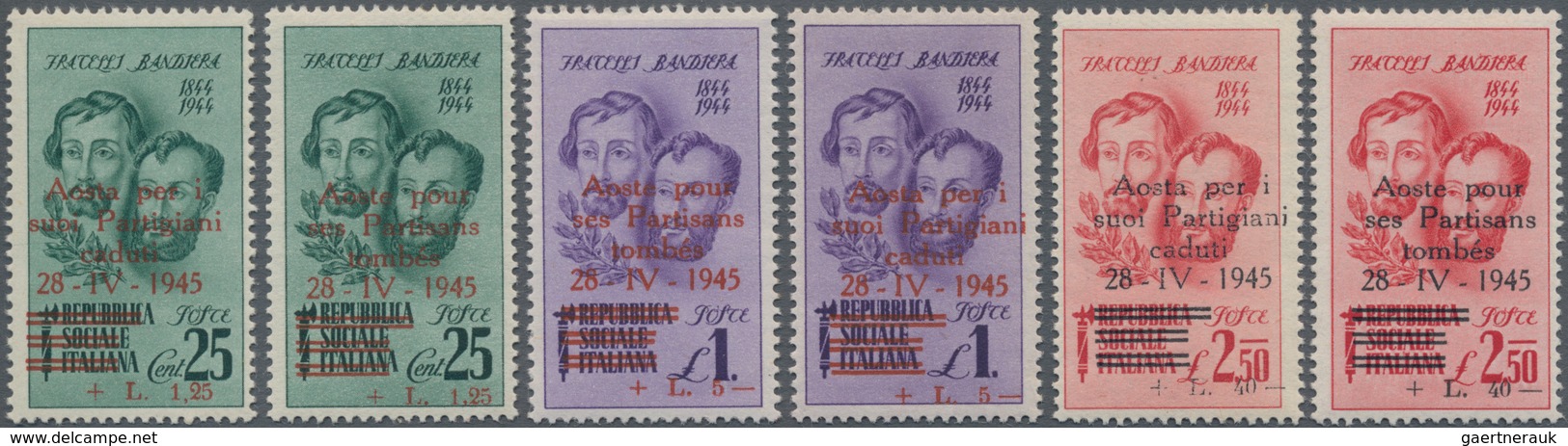 Italien - Lokalausgaben 1944/45 - Aosta: 1945, 25 C Green, 1 L Violet And 2.50 L Red Two Stamps Each - Lokale/autonome Uitgaven