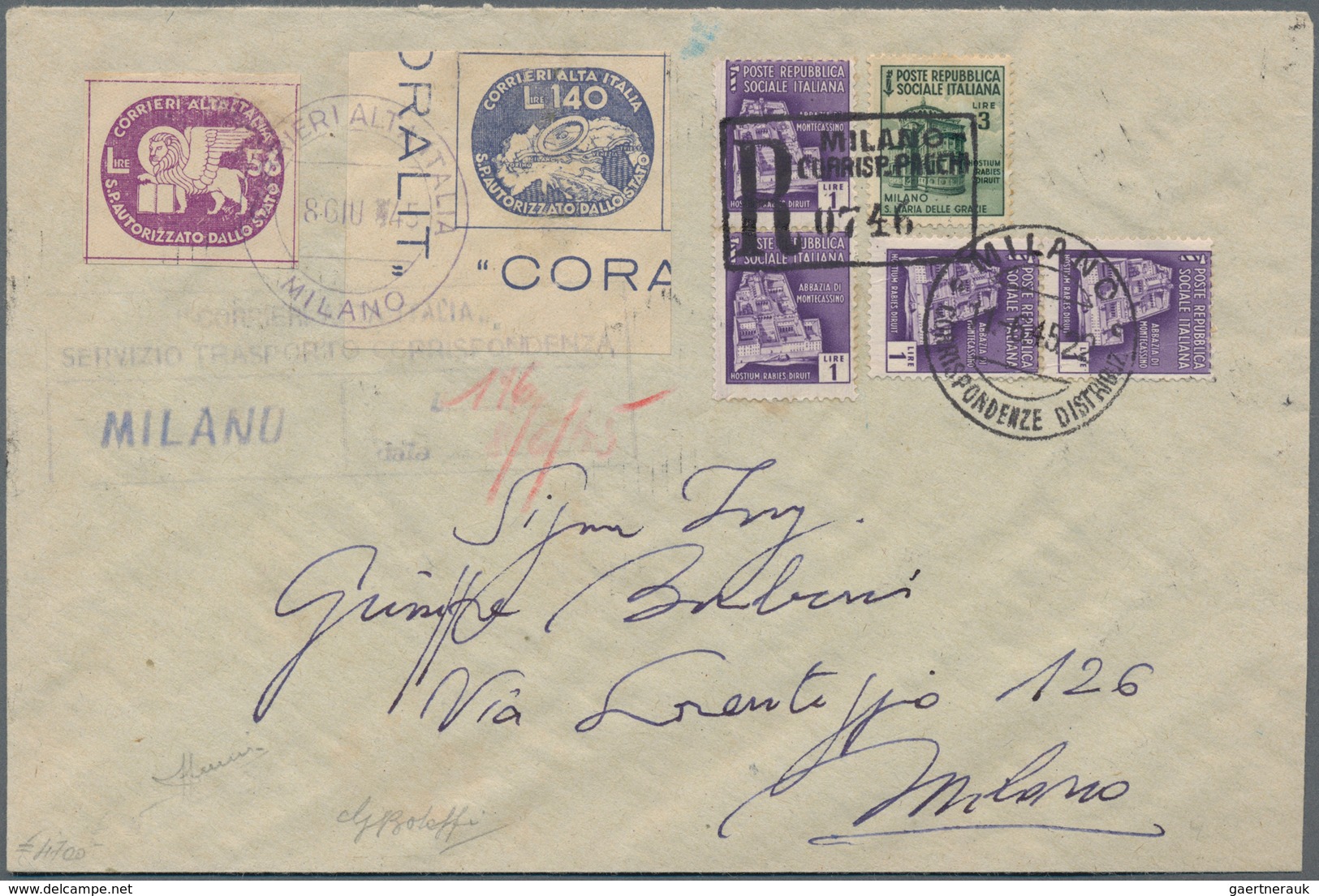 Italien - Lokalausgaben 1944/45 - Coralit (Privatpost): 1945. Registered Letter, Franked With CORALI - Geautoriseerde Privédienst