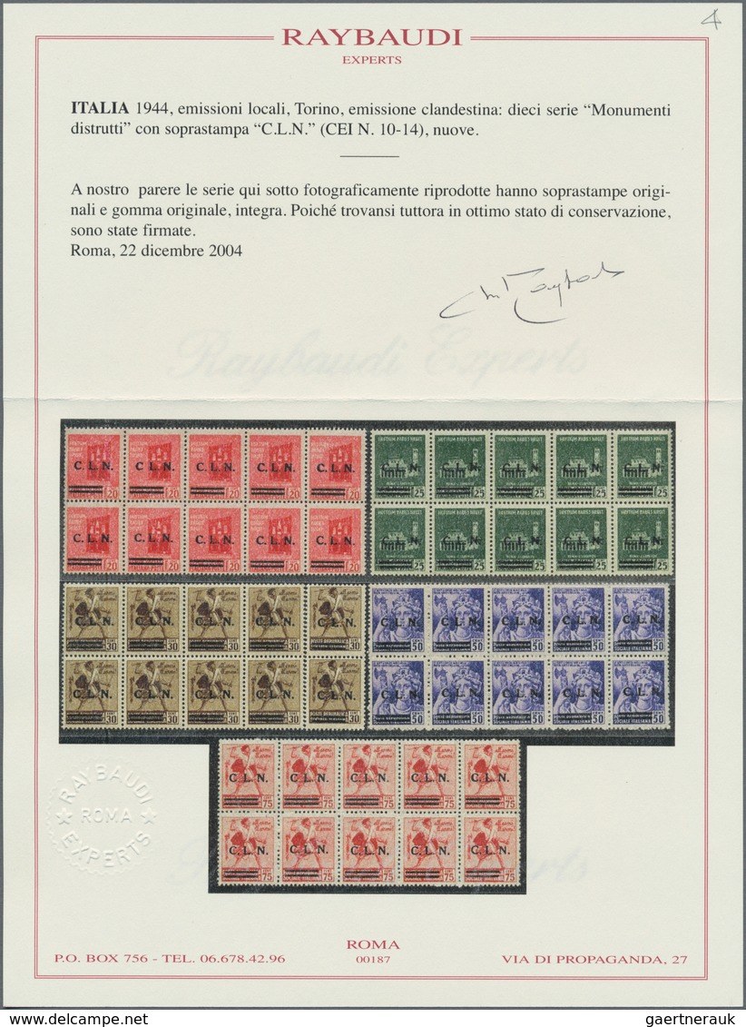 Italien - Lokalausgaben 1944/45 - Torino: 1944, 20 C To 75 C Overprint Stamps In Blocks Of Ten (30 C - Comite De Liberación Nacional (CLN)