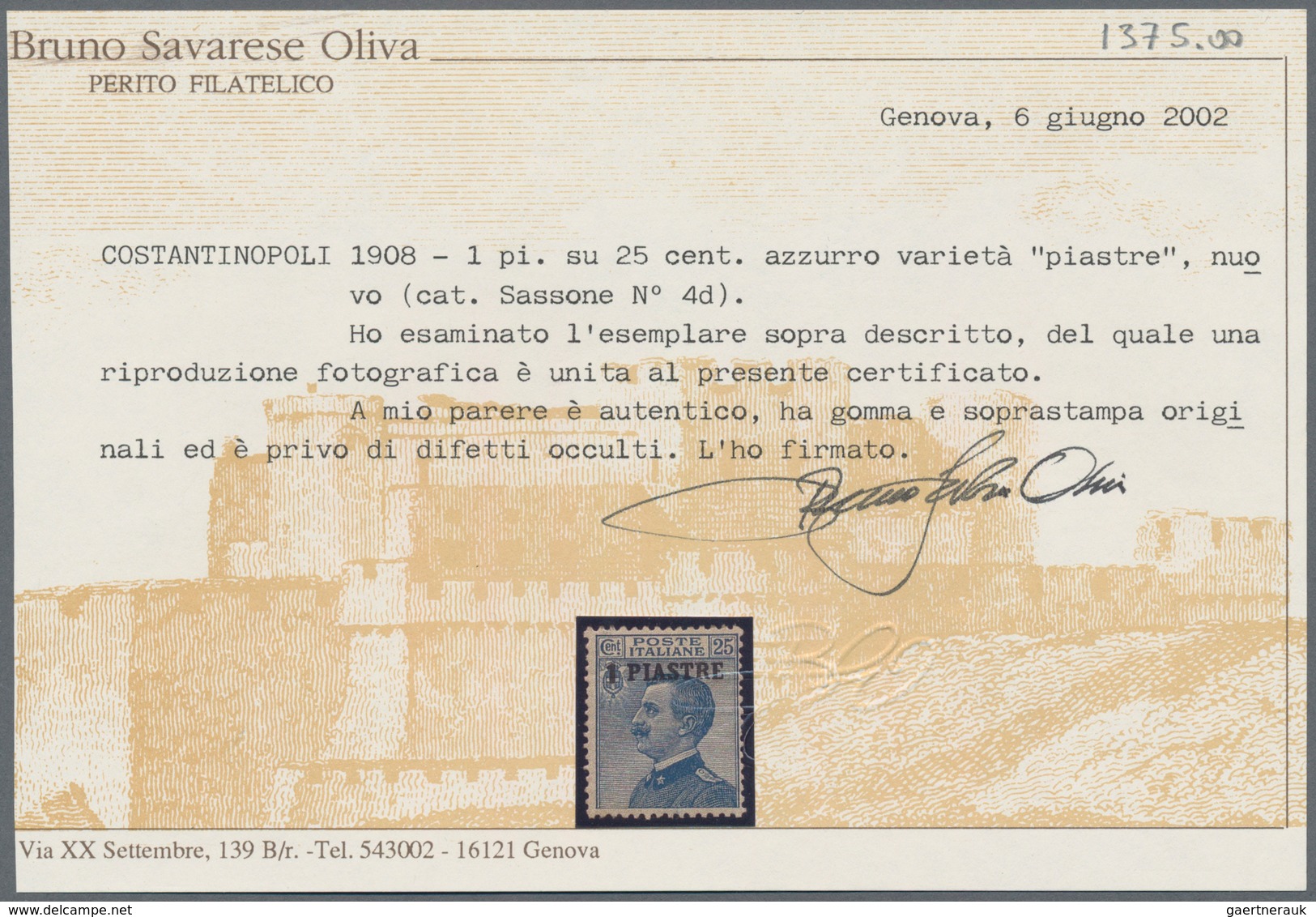 Italienische Post In Der Levante: 1908, 1 Piaster On 25 Cent. Blue Unused With Original Gum, Signed - General Issues