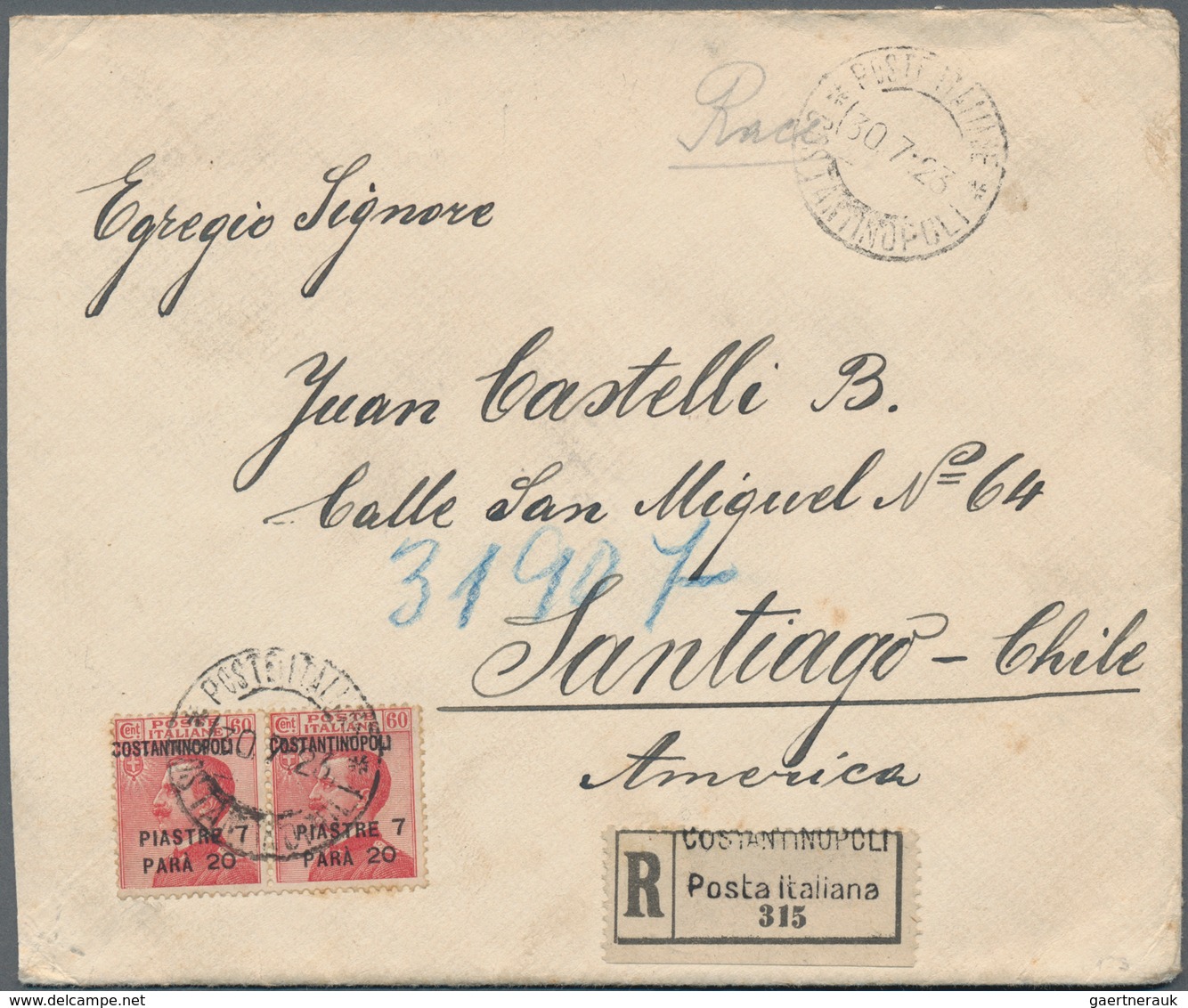 Italienische Post In Der Levante: 1923, 7 Pia 20 Pa On 60 Cmi Carmine, Horizontal Pair, Multiple Fra - General Issues