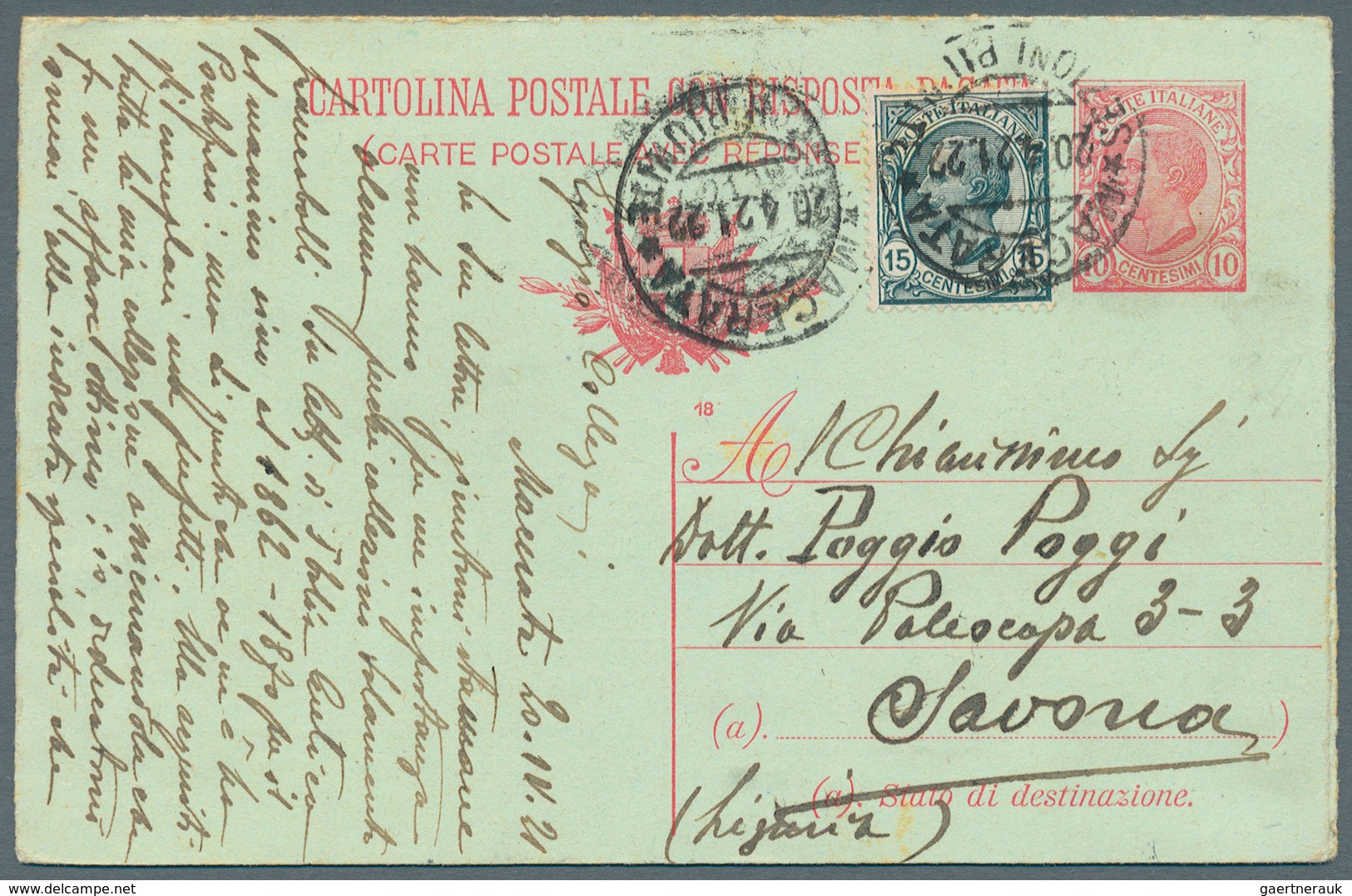Italien - Ganzsachen: 1918, King Emanuel II, 10 C. Postal Stationery Double Card With Print Error: " - Postwaardestukken