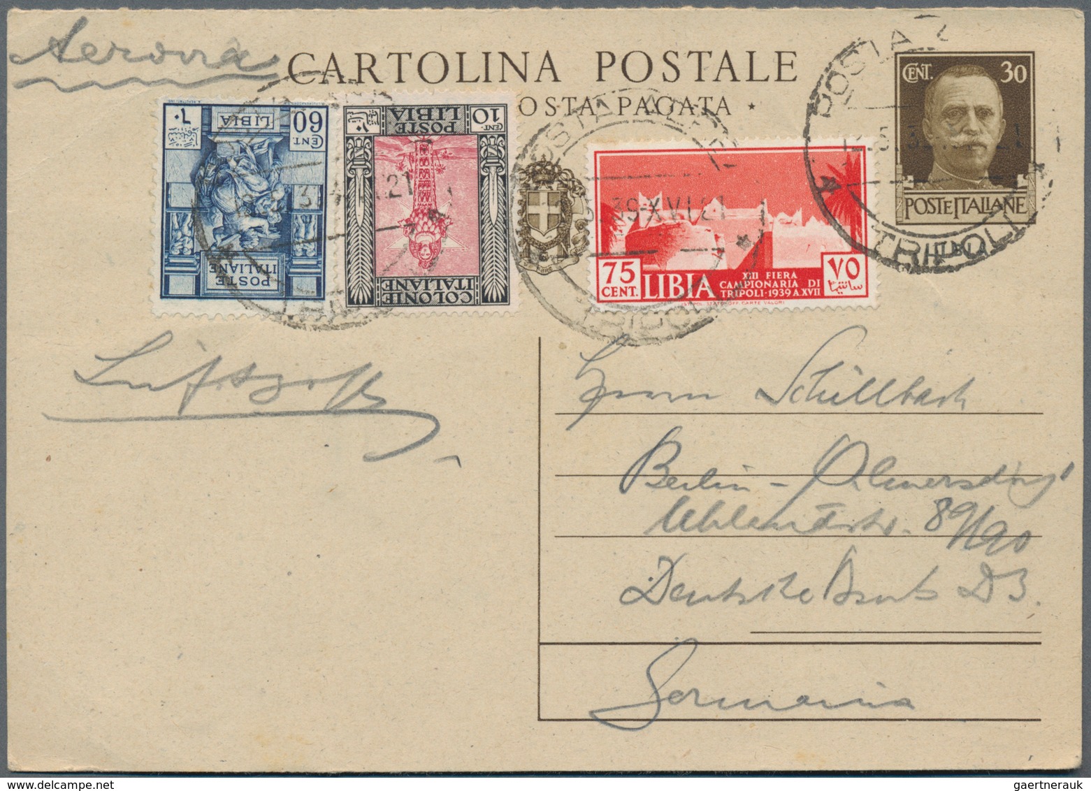 Italien - Ganzsachen: 1932/1939, 30 C Brown "Emanuel III." Question Part Of Lybia Stationery Reply C - Stamped Stationery