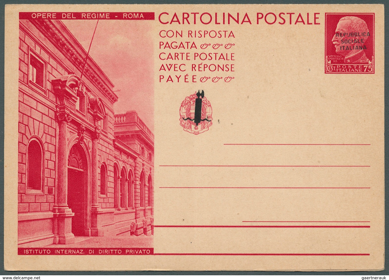 Italien - Ganzsachen: 1944, Repubblica Sociale, Not Issued 75c.+75c. Double Card "Opere Del Regime - - Entero Postal