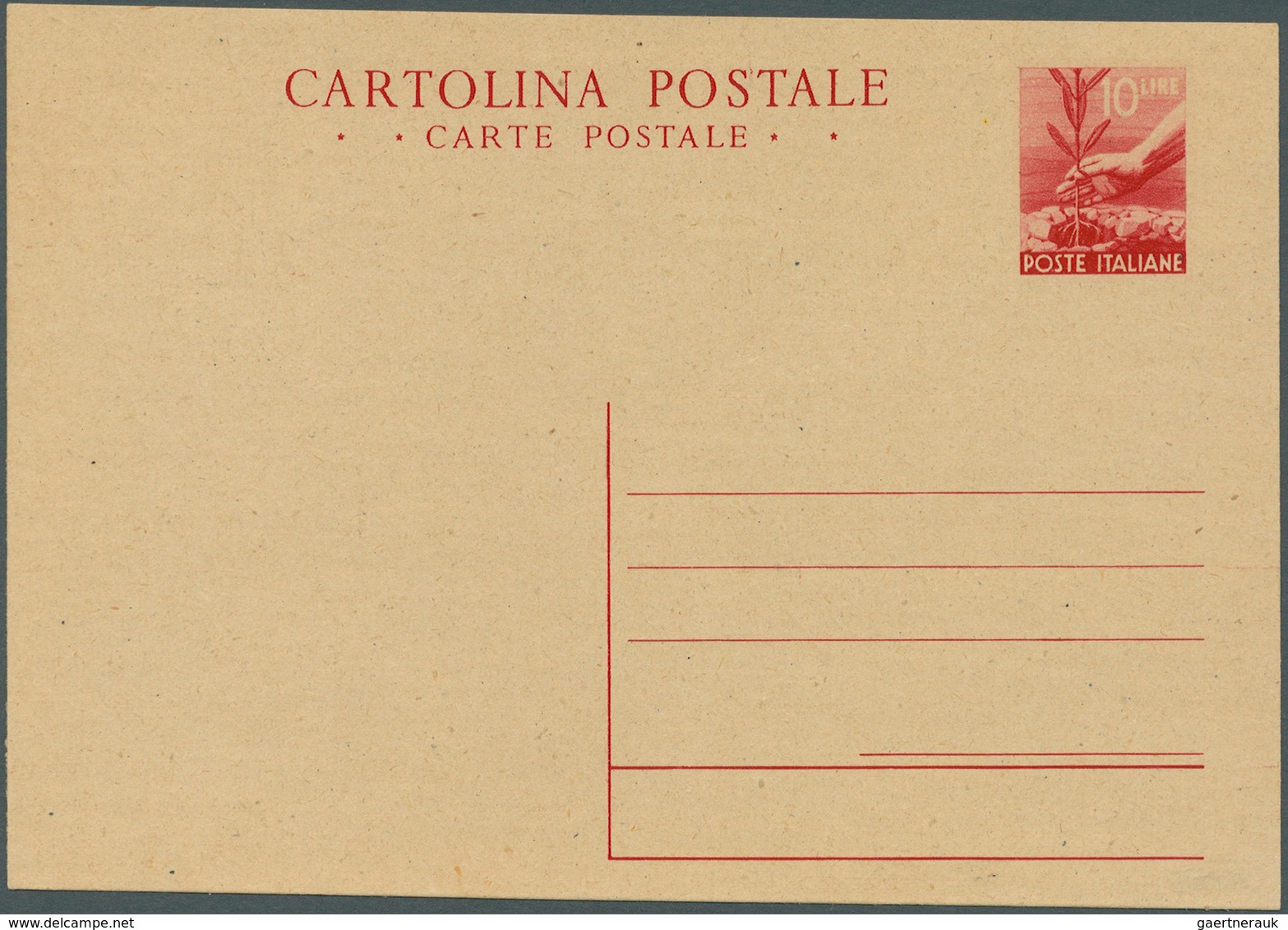 Italien - Ganzsachen: 1945, Postkarte 10 Lire Ölbaumpflanzen Rot Auf Sämisch, Ungebraucht. (Michel 5 - Stamped Stationery