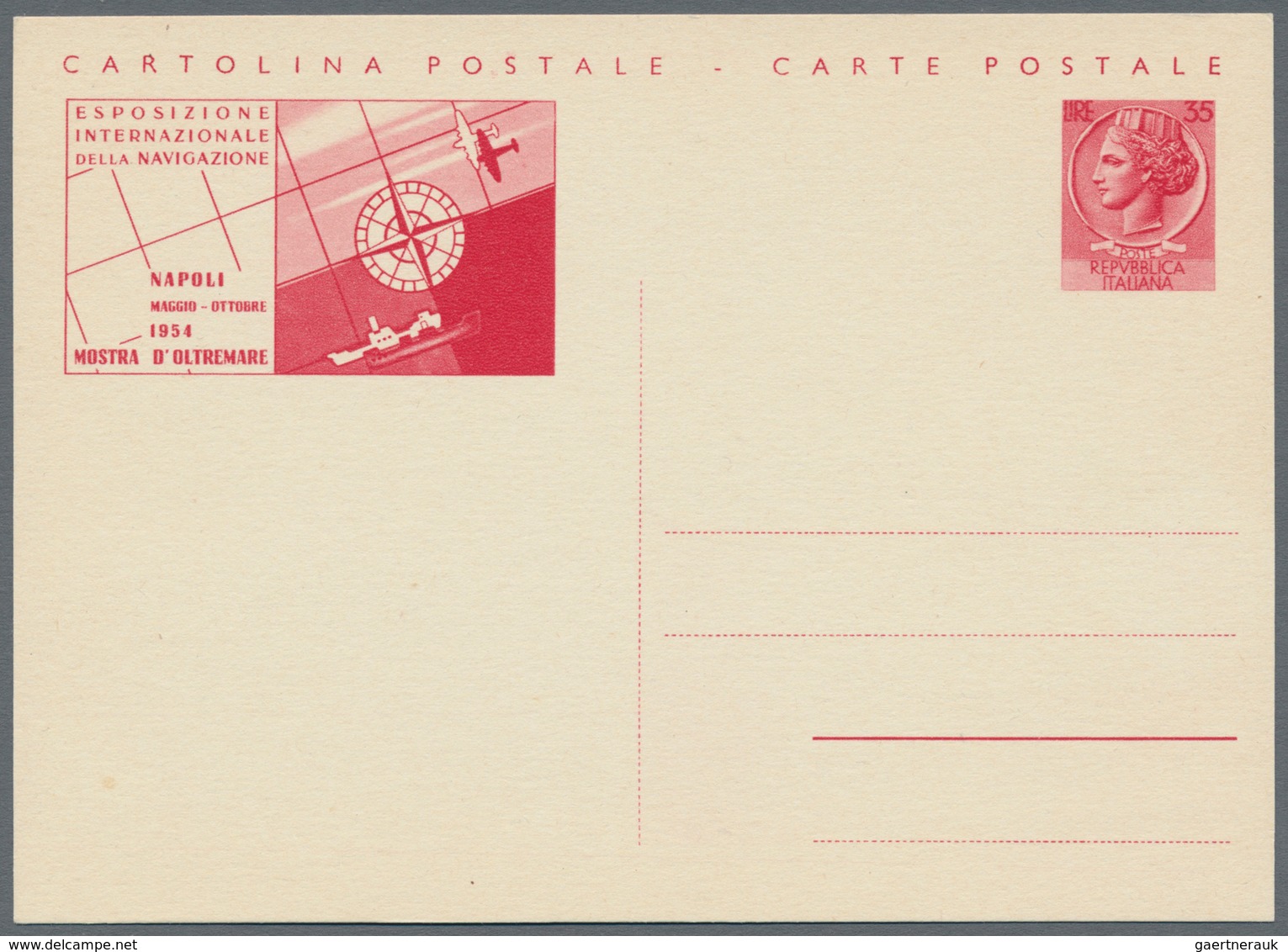 Italien - Ganzsachen: 1954. Overseas Exhibition Naples - International Navigation Exhibition. 20 L G - Entero Postal