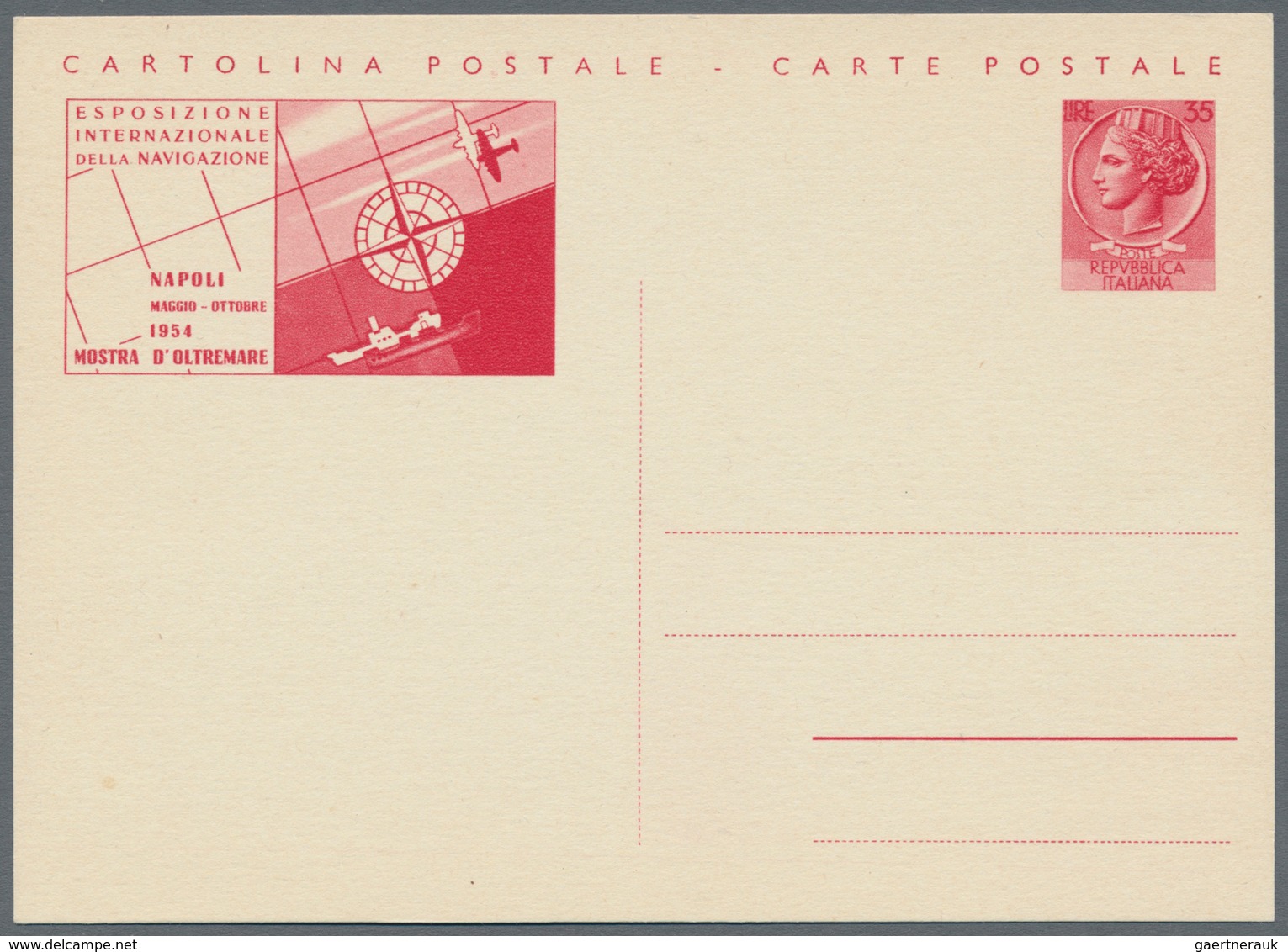 Italien - Ganzsachen: 1954. Overseas Exhibition Naples - International Navigation Exhibition. 20 L G - Stamped Stationery