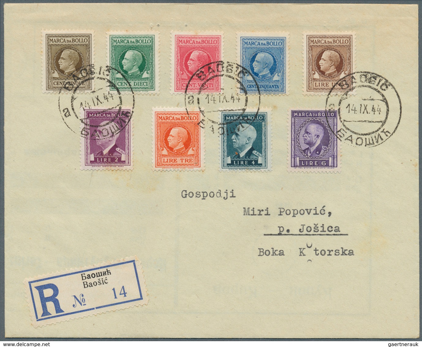Italien - Besonderheiten: 1944, Fiskalmarken, 5 C. Bis 6 Lire, 9 Werte Als Dekorative Frankatur Auf - Unclassified