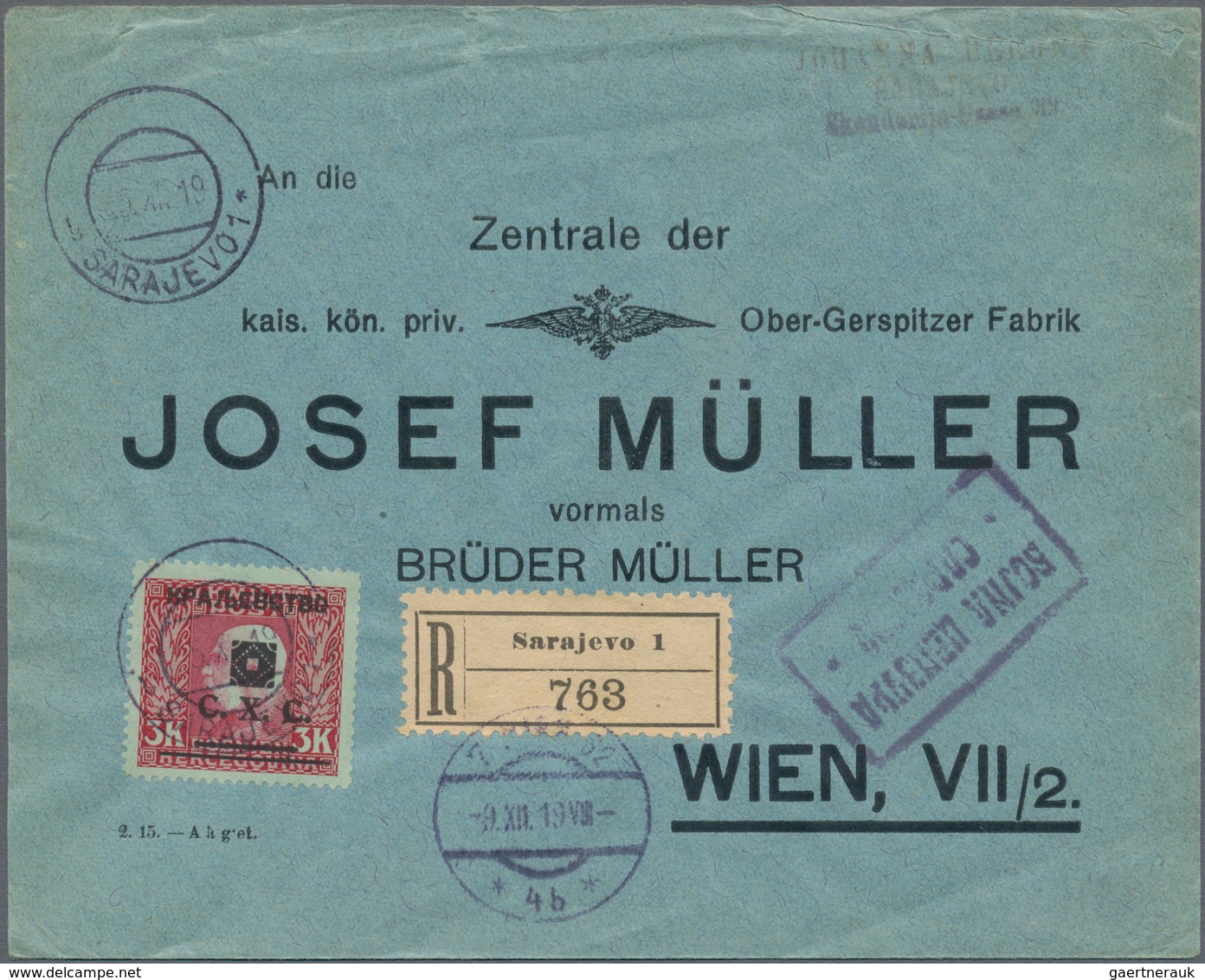 Jugoslawien: 1919, 3kr. Carmine, Single Franking On Registered Commercial Cover From "SARAJEVO 5.XII - Other & Unclassified