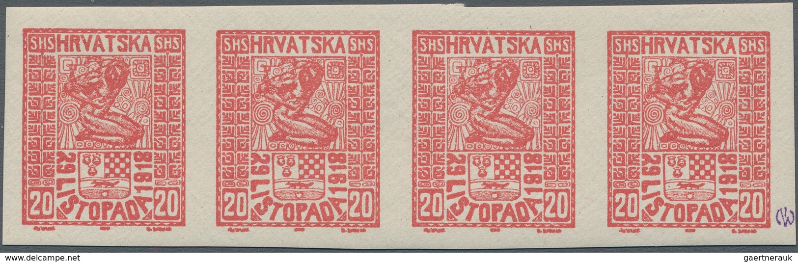 Jugoslawien: 1918. Freedom For Croatia. 20 (Fil) Red, IMPERFORATED, Smooth White Paper With White Di - Sonstige & Ohne Zuordnung