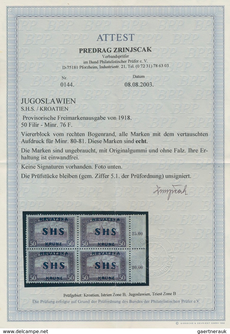 Jugoslawien: 1918, SHS Overprints, 50f. Dull Purple/lilac "Parliament", Right Marginal Block Of Four - Other & Unclassified