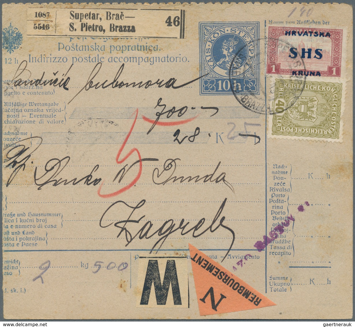 Jugoslawien: 1919. Old Austrian 12h Blue/white Trilingual Vale Declared COD Parcel Card Accompanying - Other & Unclassified