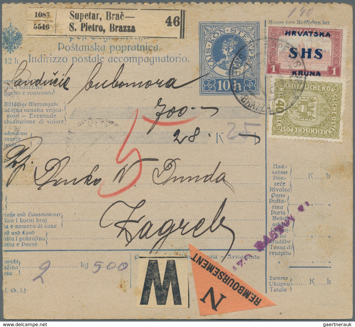 Jugoslawien: 1919. Old Austrian 12h Blue/white Trilingual Vale Declared COD Parcel Card Accompanying - Andere & Zonder Classificatie