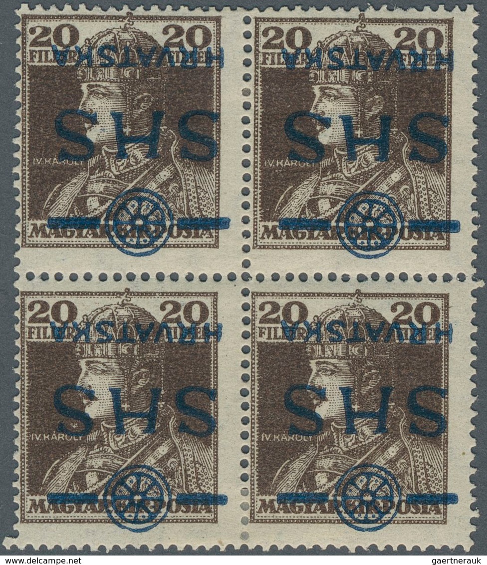 Jugoslawien: 1918, SHS Overprints, 20f. Brown "Karl", Block Of Four With Inverted Overrpint In Blue - Other & Unclassified