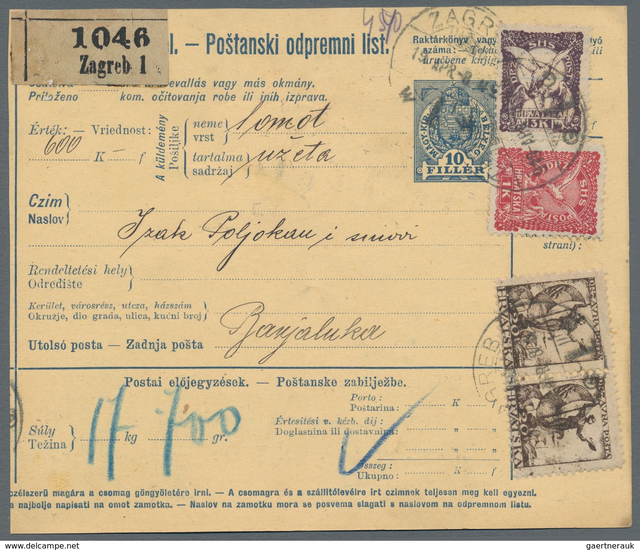 Jugoslawien: 1919. 10f Blue/chamois Old Hungarian Parcel Card (Hungarian And Croatian Languages) Acc - Other & Unclassified