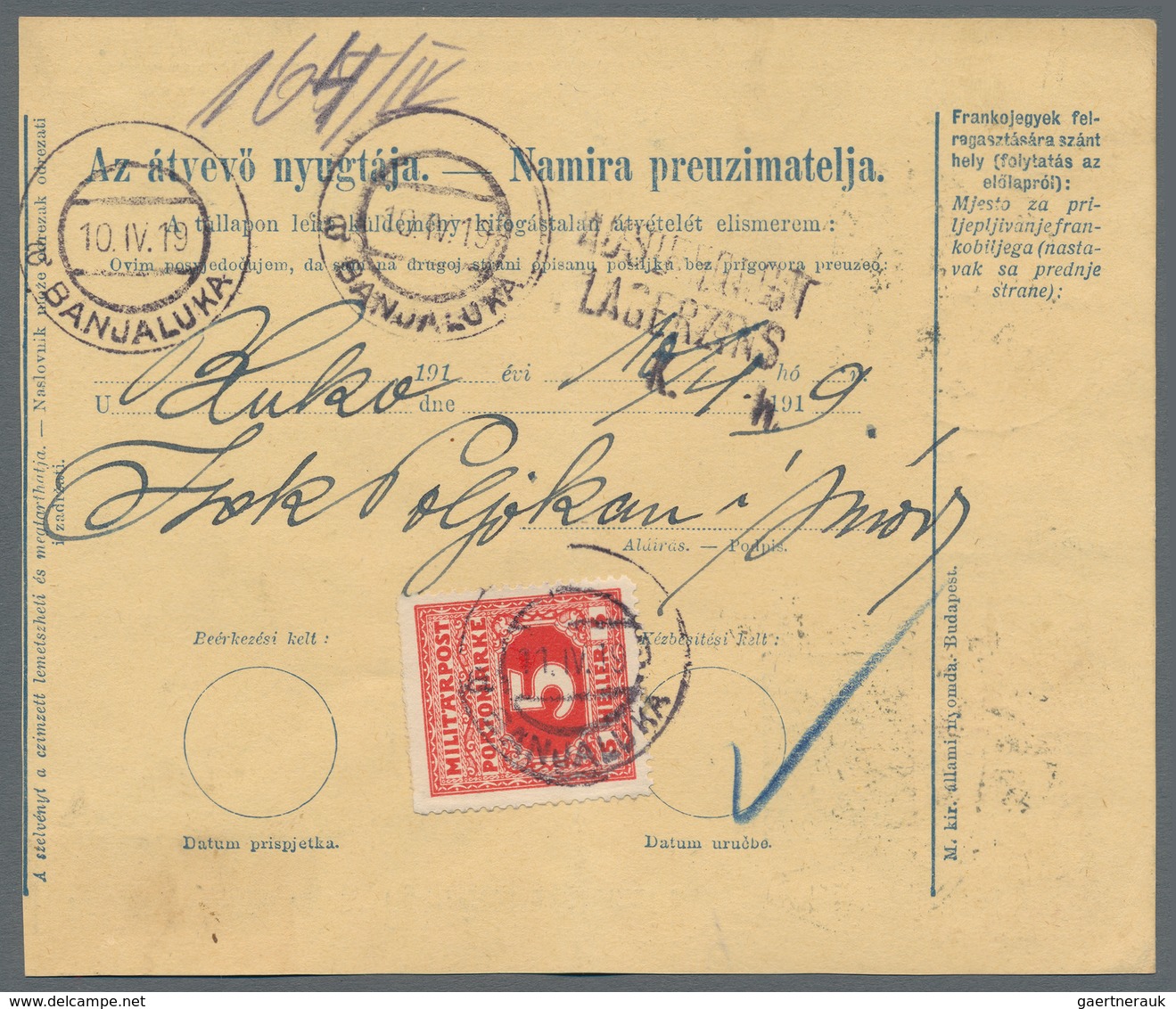 Jugoslawien: 1919. 10f Blue/chamois Old Hungarian Parcel Card (Hungarian And Croatian Languages) Acc - Other & Unclassified