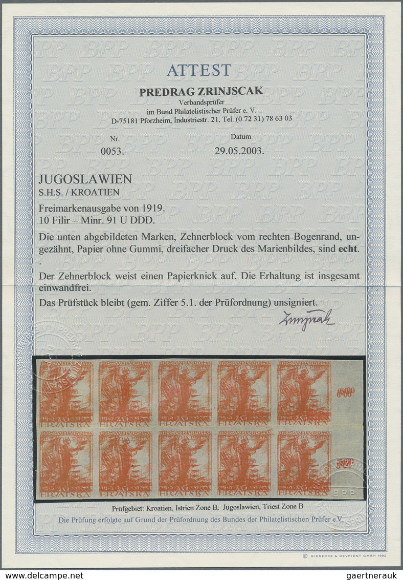 Jugoslawien: 1919. "Sailor With Standard". 10f Red, IMPERFORATED, Unused Horizontal Block Of Ten Wit - Andere & Zonder Classificatie