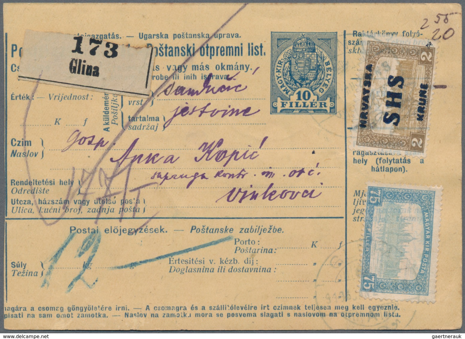 Jugoslawien: 1919. Two Old Hungarian Parcel Cards 10 F Blue/chamois With Additional Mixed Hungarian/ - Other & Unclassified