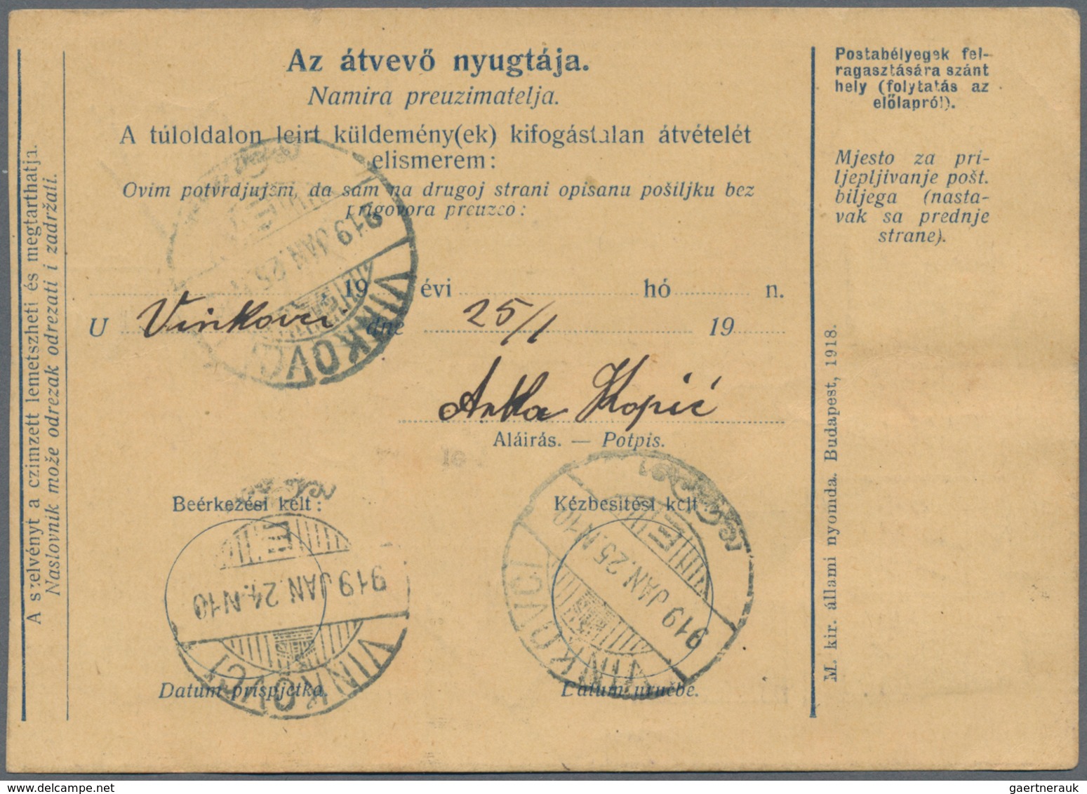 Jugoslawien: 1919. Two Old Hungarian Parcel Cards 10 F Blue/chamois With Additional Mixed Hungarian/ - Andere & Zonder Classificatie